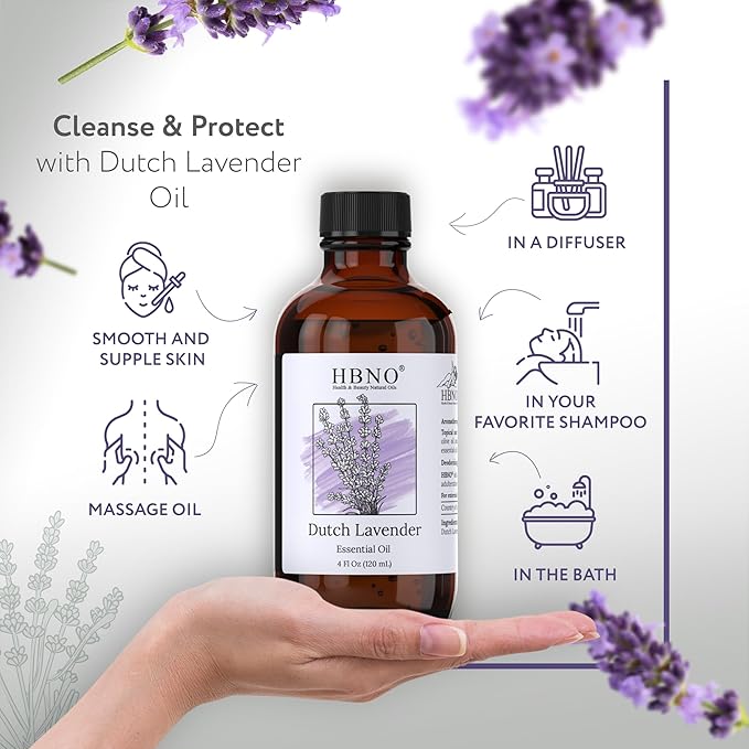 HBNO California Bottled Dutch Lavender Essential Oil 4 fl oz (120ml) - Natural Lavender Oil for Skin, Perfect for Cleaning, Aromatherapy, DIY & Diffuser