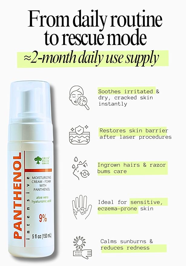 9% Panthenol Foam Spray, Vitamin B5 + Deep Moisturizing Hyaluronic Acid After Sun Care, After Tattoo Care, Hair Transplant & Baby Rash Relief, 5 Oz / 150 Ml