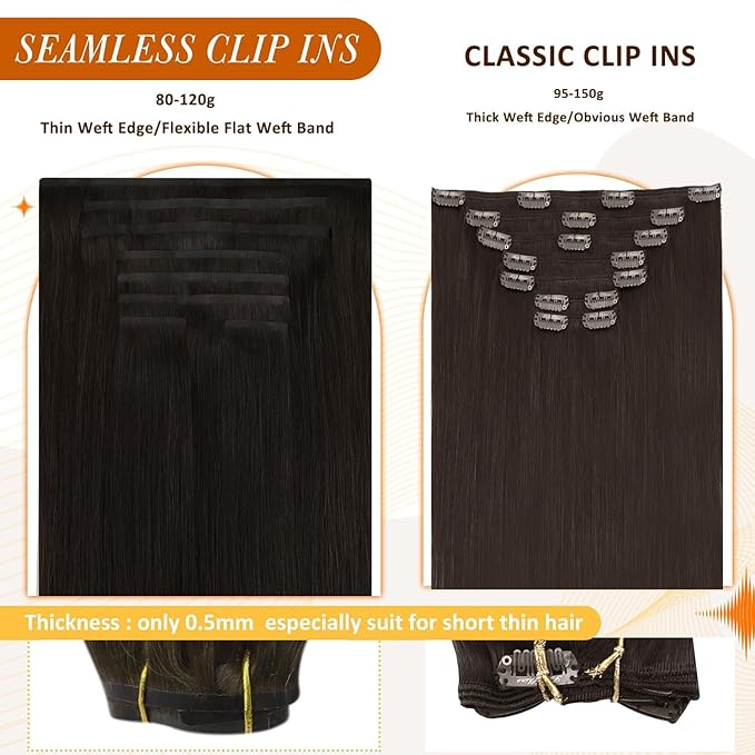 Full Shine Seamless Hair Extensions Clip ins Brown 22 Inch Clip in Hair Extension Real Human Hair Invisible Brunette Hair Extensions for Women 120 G 8 PCS