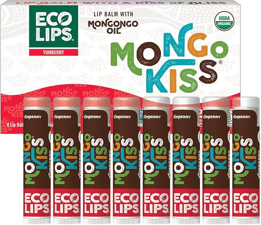 Mongo Kiss USDA Organic Lip Balm Set 8-pack (0.15 oz. each) with Mongongo Oil & Cocoa Butter to Moisturize Chapped Lips | Made in USA by Eco Lips - Yumberry