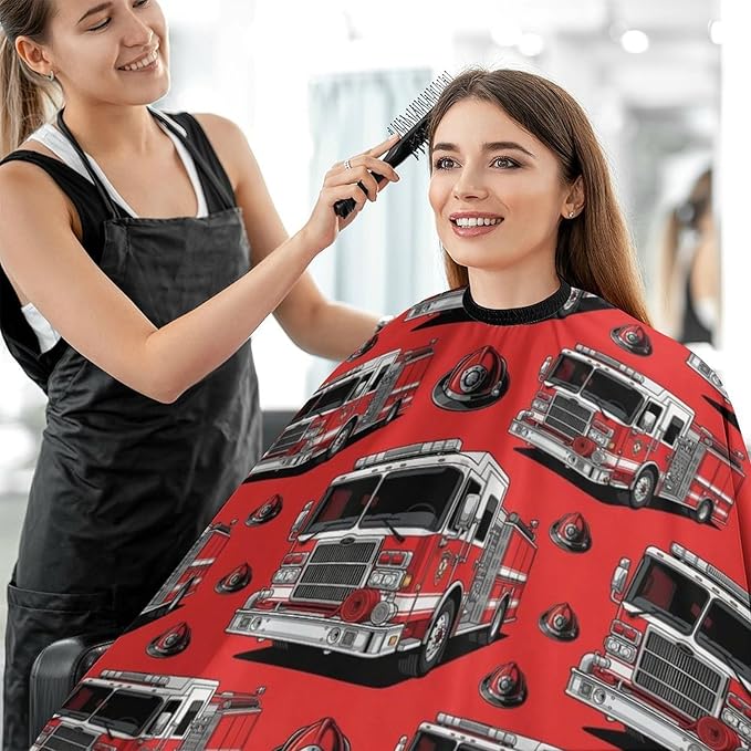Full Coverage Hair Cutting Cape, Hairdressing Apron Cute Red Fire Trucks Print Hair Cutting Gown for Makeup Artist Beautician
