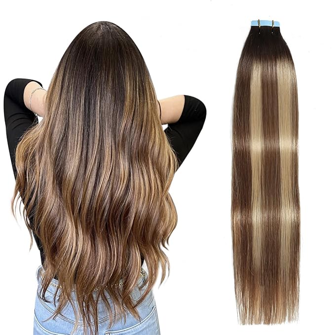 SUYYA Tape in Hair Extensions Human Hair Balayage Darkest Brown to Chestnut Brown and Light Blonde 18 Inch 50g/pack 20pcs Straight Seamless Skin Weft Tape in Real Hair Extensions(18inch #P6/16/T2)