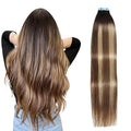 SUYYA Tape in Hair Extensions Human Hair Balayage Darkest Brown to Chestnut Brown and Light Blonde 18 Inch 50g/pack 20pcs Straight Seamless Skin Weft Tape in Real Hair Extensions(18inch #P6/16/T2)