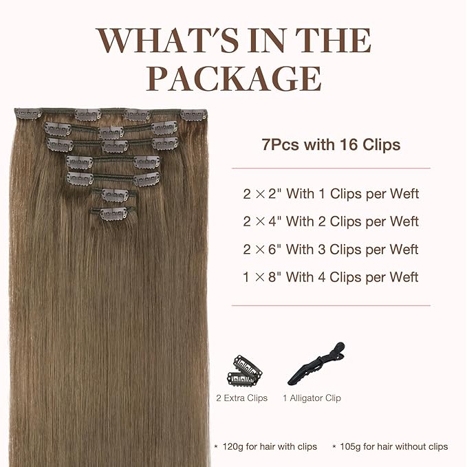 GOO GOO Clip in Hair Extensions Real Human Hair, Remy Human Hair Extensions Clip ins for Women, Natural Human Hair, 16inch 120g 7Pcs, 5 Light Ash Brown