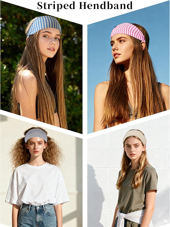 4 Pack Wide Striped Headbands for Women Non Slip Soft Cloth Fabric Headbands Hair Accessory Wear for Yoga Fashion Running Sports