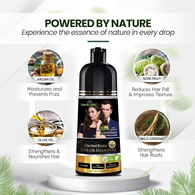 Herbishh Chestnut Brown Shampoo, Hair Dye Shampoo 3 in 1, 100% Grey Coverage, Demi-Permanent Hair Color for Men & Women, Long-lasting Color in 20-25 Mins, Ammonia-free, 200 ml