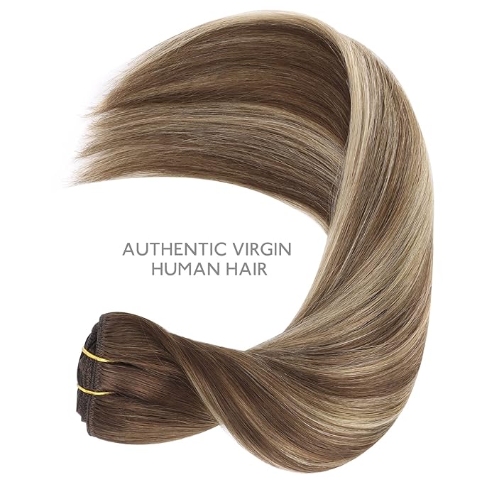 WENNALIFE Clip in Hair Extensions - Real Human Remy Hair, 18 Inch 120g 7pcs Balayage Chocolate Brown to Honey Blonde