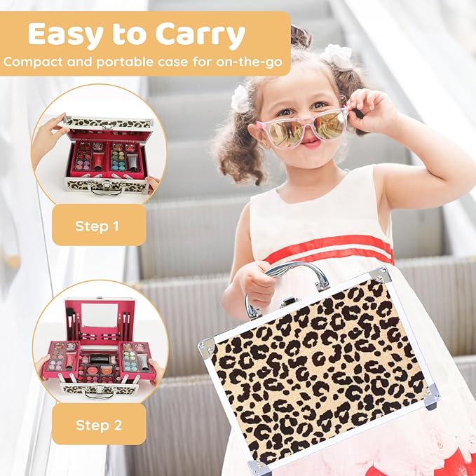 Anpro All-In-One Leopord Double Folding Makeup Carry Case with Pro Teen Makeup Set, Full Starter Kit with Makeup Brushes, Lipsticks, Eyeshadow Palette, Blushes, Glitter Gel, Ideal Present for Girls