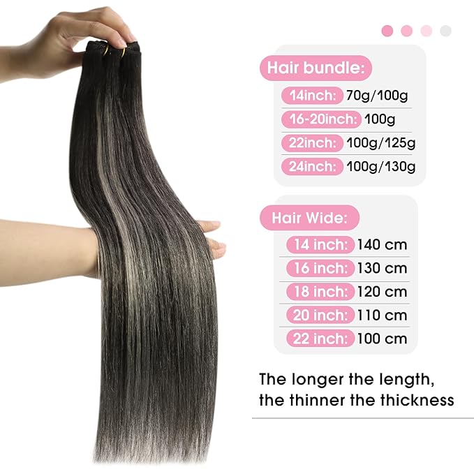 YoungSee Weft Hair Extensions Black Silver Sew in Hair Extensions Real Human Hair Balayage Black Grey One Piece Hair Extension Sew in 100g 20inch