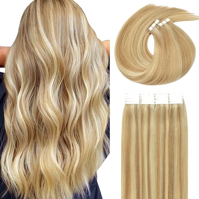 Lacer Tape Ins Human Hair Extensions Golden Blonde to Platinum Blonde 16 Inch 100G 40Pcs Hair Extensions Tape in Seamless Straight Real Remy Human Hair Tape Ins