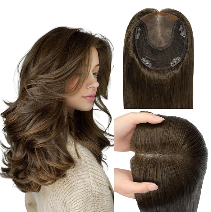 WORLDSTAR Hair Topper for Women Real Human Hair With Swiss Base Hairpieces Hand-stitched, No Bangs,55g,6 * 7 Inch Base,12 Inch #4 Medium Brown with Top Extension for Thinning Hair (tp#4-12)