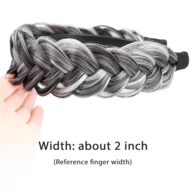 DIGUAN Wide Messy Braided Headband With Teeth Synthetic Hair Plaited Headband High Elasticity Braids Chunky Fishtail Braided Hair Band Hairpiece for Girls Women Beauty Accessory (Dark Gray)
