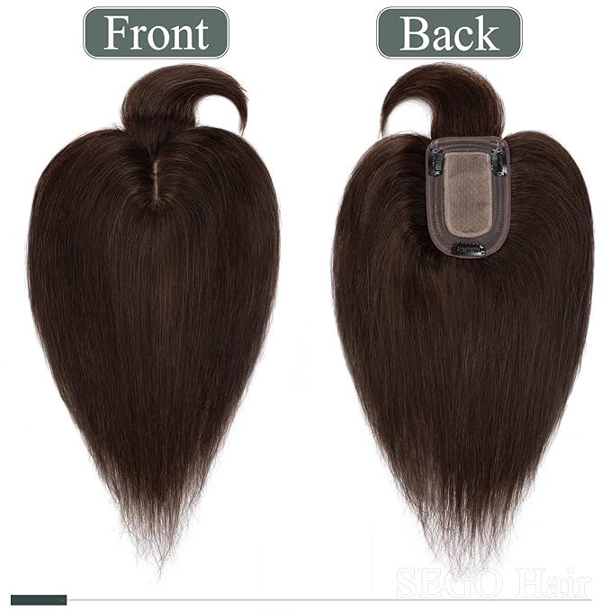 SEGO Hair Toppers for Women Real Human Hair with Thinning, with Front Bangs Clip in Toppers Straight 150% Density Silk Base -16 Inch #2 Dark Brown