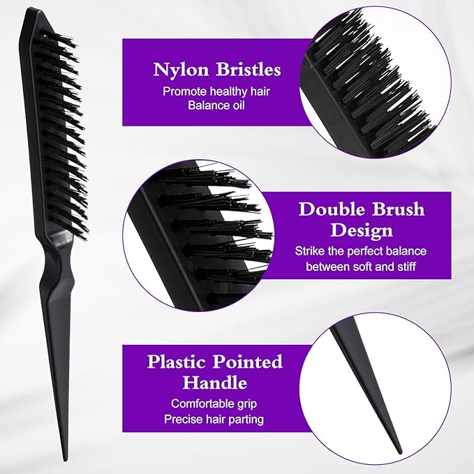 Sibba 4PCS 3 Row Teasing Brush Rat Tail Detangling Hairbrush Hair Styling Teasing Comb Boar Bristle Hair Brush Comb Slick Back Brushes for Natural Curly Sectioning Curls Unbraider Volume Parting Combs