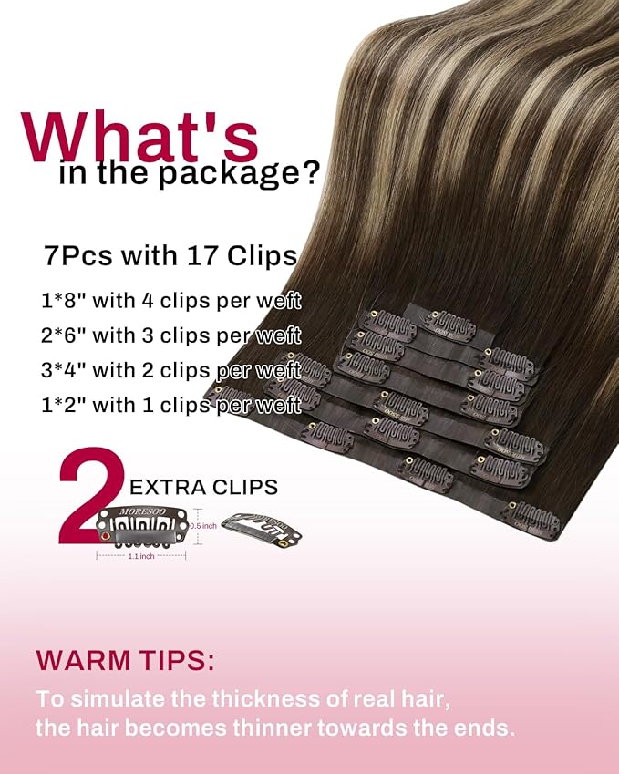 Moresoo Seamless Hair Extensions Clip in Dark Brown with Caramel Blonde Balayage Hair Extensions Clip in Human Hair Short Pu Skin Weft for Women 14inch 7pcs 120g