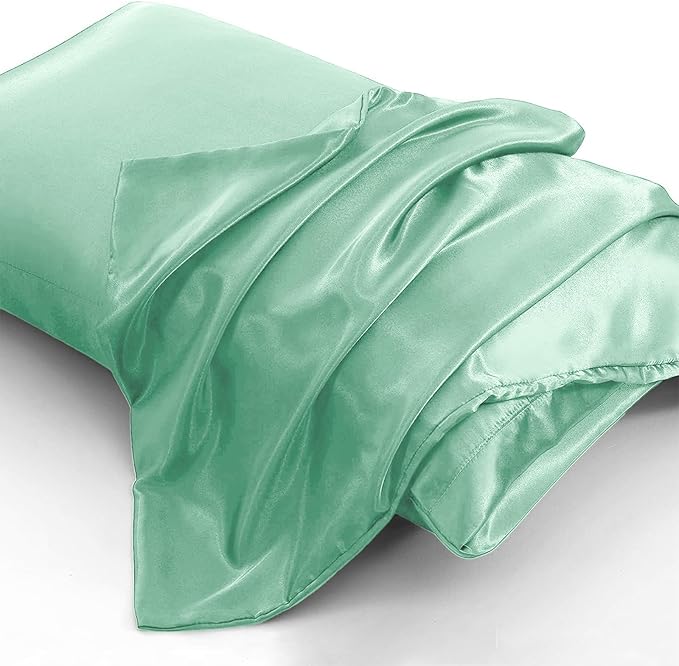 Aormenzy Satin Pillow Cases for Women King Size Set of 2, Mint Green Satin Pillowcase for Hair with Envelope Closure Silky Pillow Covers Wrinkle, Fade Resistant (20x40 Inches)