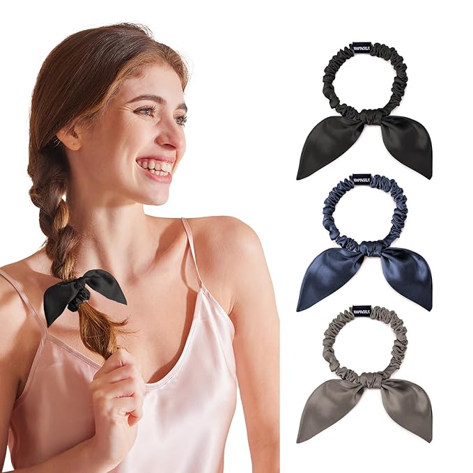 THXSILK 100% Mulberry Silk Bow Scrunchies 3-Pack, 22 Momme Mulberry Silk Hair Ties for Women, Cute Bunny Ear No Damage Ponytail Holders, Fashion Hair Accessories for Girls(S, Dark Colors)