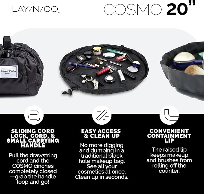 Lay-n-Go Cosmo Lay Flat Drawstring Cosmetic & Makeup Bag Organizer - Zipper Pocket, Brush Loops & More - Durable, Machine Washable Toiletry Carrier for Travel, Cinch Closure, Gift (20", Evergreen)