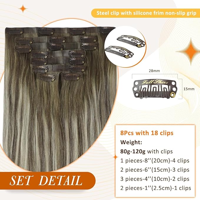 Full Shine Human Hair Clip in Extensions Balayage Human Clip in Hair Extensions Ash Brown Ombre Platinum Blonde Straight Clip ins Softness 14 Inch 8 PCS 120 G