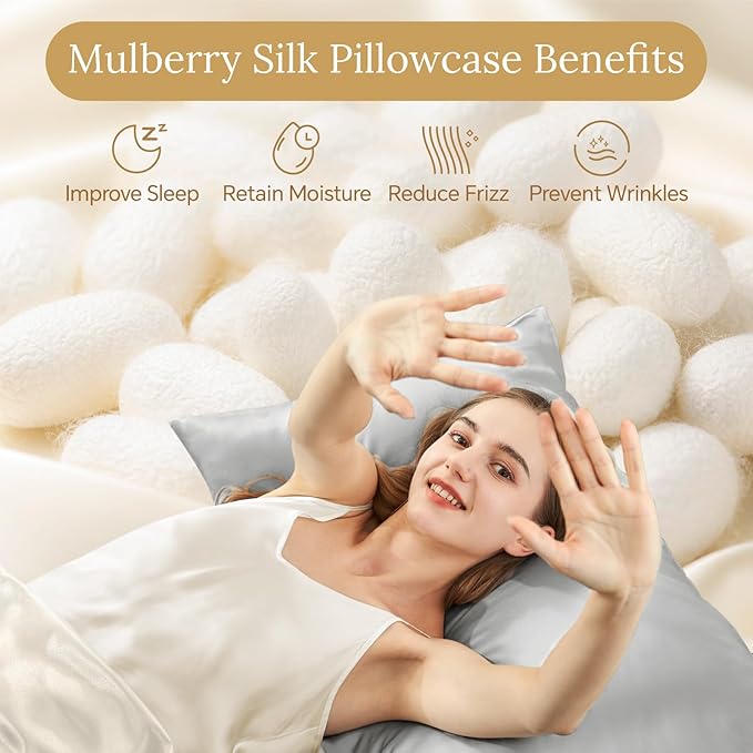 INFIIXSO Mulberry Silk Pillowcase for Hair and Skin, Silk Pillow Cases Standard Size with Hidden Zipper 20x26 Inches, Ultra Smooth and Soft Cooling Pillow Cases for Hot Sleepers(Light Grey, 1 Pack)