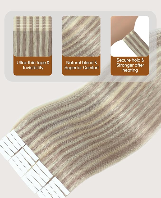 VINBAO 55g Invisi Edge Tape in Human Hair Extensions Dirty Blonde Highlighted Blonde 20in 20pcs Injection Tape in Hair Extensions Natural Blend 20inch #18P60