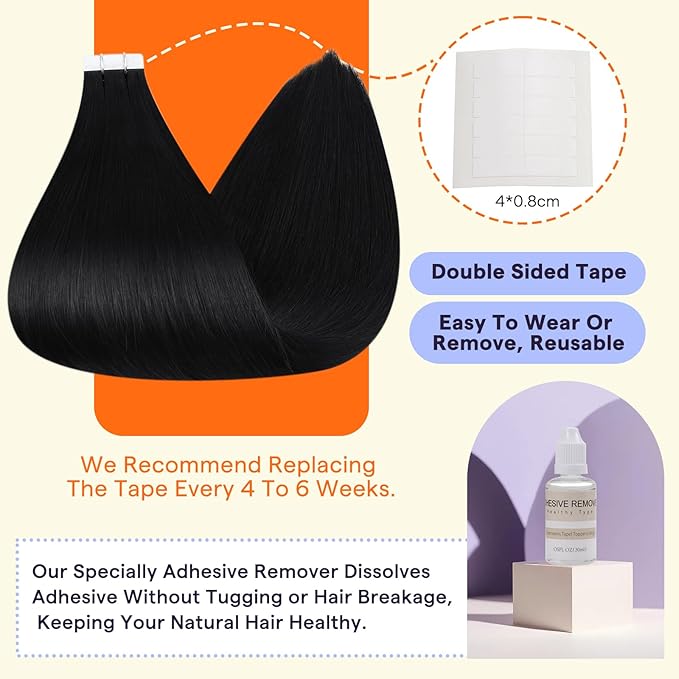 Full Shine Tape in Hair Extensions 10 Inch 30 Grams Seamless Skin Weft Human Hair Tape in Extensions Color 1B Off Black Invisible Double Sided Remy Extensions for Women 20 Pieces Add Volume