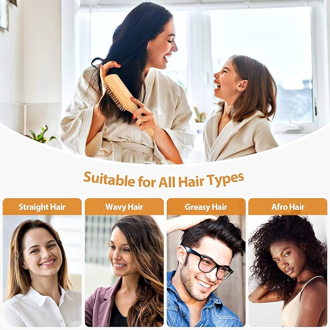 Pack of 2 Hair Brush with Natural Boar Bristles, Massages Scalp Anti-Static Hair Detangle for All Types, Lightweight (Paddle)