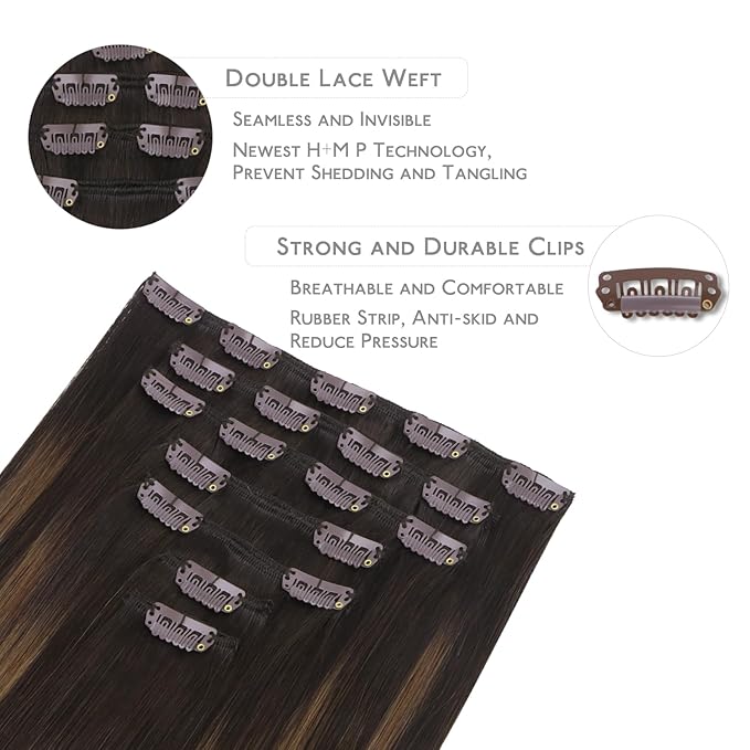 WENNALIFE Clip in Hair Extensions Real Human Hair, 18 Inch 120g 7pcs Dark Brown to Chestnut Brown Balayage Hair Extensions Clip In Human Hair Remy Clip Real Human Hair Double Weft