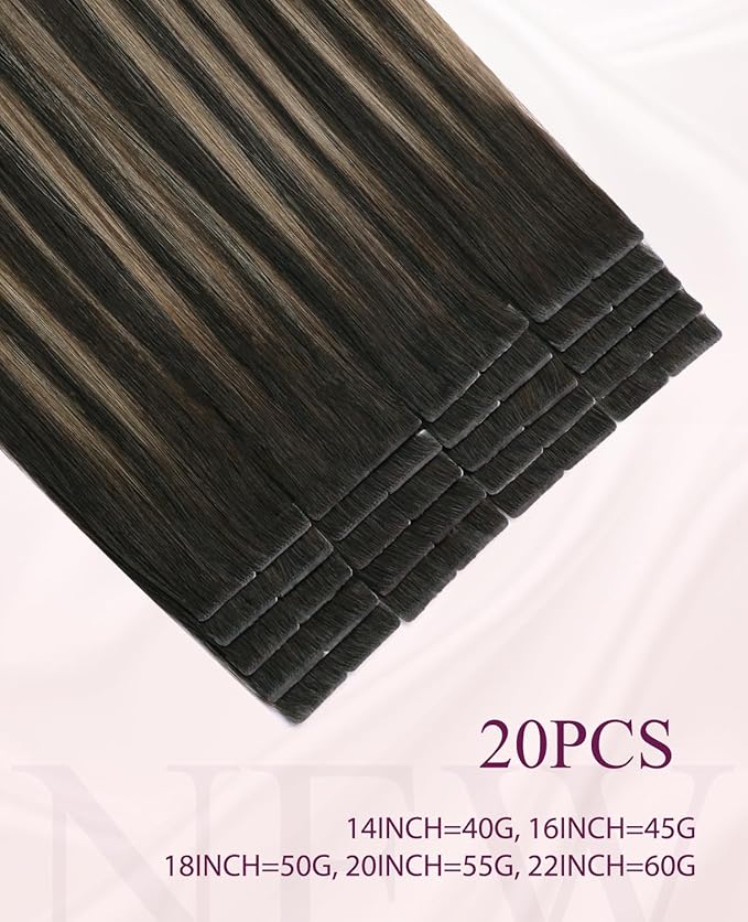 Pinkpearl Invisible Tape in Hair Extensions Human Hair, 20pcs 20inch 55g #2/6/2 Balayage Dark Brown to Chestnut Brown Injection Tape in Extensions Real Remy Human Hair Injected