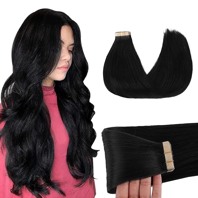 GOO GOO Tape in Hair Extensions Human Hair, 1 Jet black, 10inch 30g 20pcs, Skin Weft Seamless Invisible, Silky Straight with Thick Ends, Remy Human Hair
