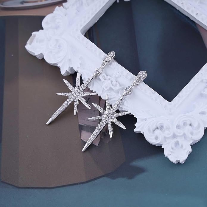 Vintage Crystal Northstar Dangle Earrings Rhinestone Northstar Studs Earrings Gold Cz Star Drop Earrings Sparkly Cz Starburst Earrings Jewelry for Women