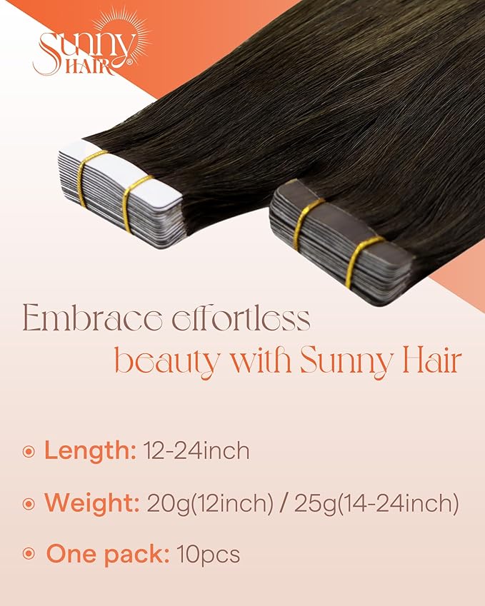 Sunny Hair Tape in Hair Extensions Real Human Hair Invisible Remy Hair Extensions Tape ins for Women Darkest Brown Ombre Medium Brown Balayage 12 inch 20G