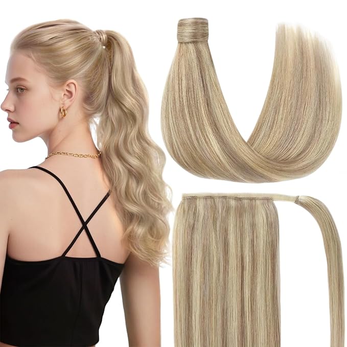 Ve Sunny Hair Extensions Ponytail Real Human Hair Wrap Around Clip in Ponytail Hair Extensions Straight Extensions Human Hair for Women Blonde Highlights for Women Warm Color 16inch 80G