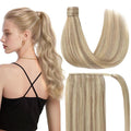 Ve Sunny Hair Extensions Ponytail Real Human Hair 80G Wrap Around Clip in Ponytail Hair Extensions Straight Extensions Human Hair for Women Blonde Highlights for Women Warm Color 14inch