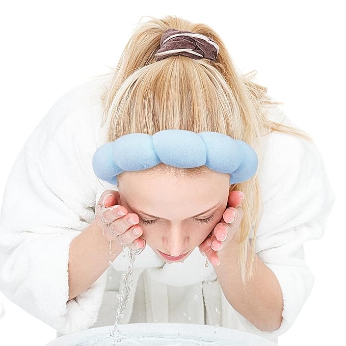 Zkptops Spa Headband for Washing Face Wristband Set Sponge Makeup Skin Care Terry Cloth Bubble Soft Get Ready Light Blue Hairband Women Girls Puffy Padded Headwear Non Slip Thick Hair Accessory