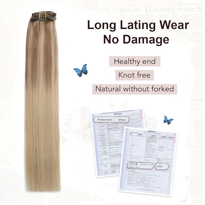 XDhair Human Hair Clip in Extensions 120g Balayage Color 10 Golden Brown to Light Blonde Highlight 27 Blonde Double Weft Clip in Hair Extensions #10/27/27 22 Inch