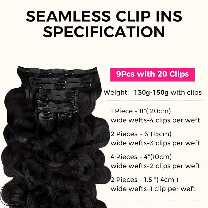 Lashey Seamless Clip in Hair Extensions Human Hair 150g 9pcs 22 Inch Body Wave #1 Jet Black Clip in Extensions for Women Natural Hair Extensions