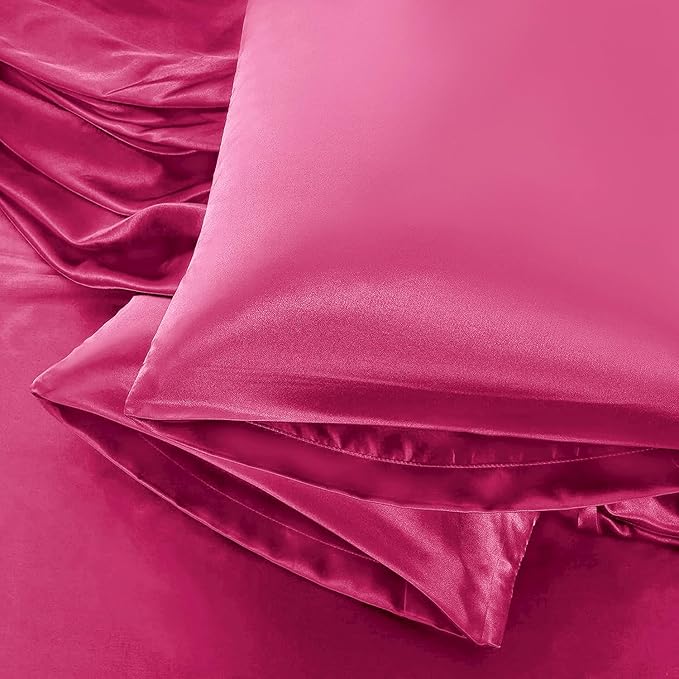 Aormenzy Satin Pillow Cases for Women Standard Size Set of 2, Hot Pink Satin Pillowcase for Hair with Envelope Closure Silky Pillow Covers Wrinkle, Fade Resistant (20x26 Inches)