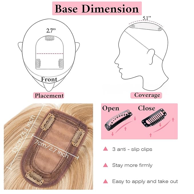 SEGO 100% Real Human Hair Toppers with Bangs,Silk Base 150% Density Clip in Topper Top 2.7”x5.1” Hair Pieces for Women with Thinning Hair/Hair Loss Cover Gray Hair