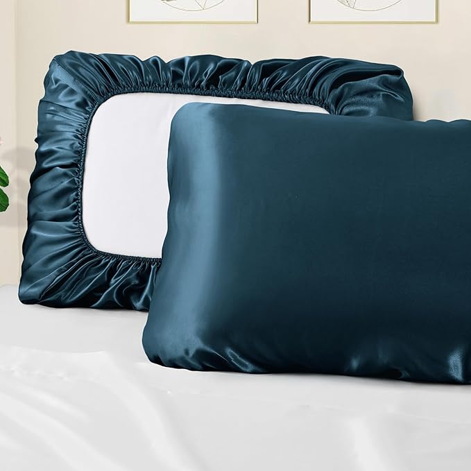 Manyshofu Satin Pillowcases for Hair Protection - 2Pcs Navy Blue Pillow Cases, Elastic Band Standard & Queen Satin Pillowcases Luxury Silky Pillow Cases Travel Pillow Covers