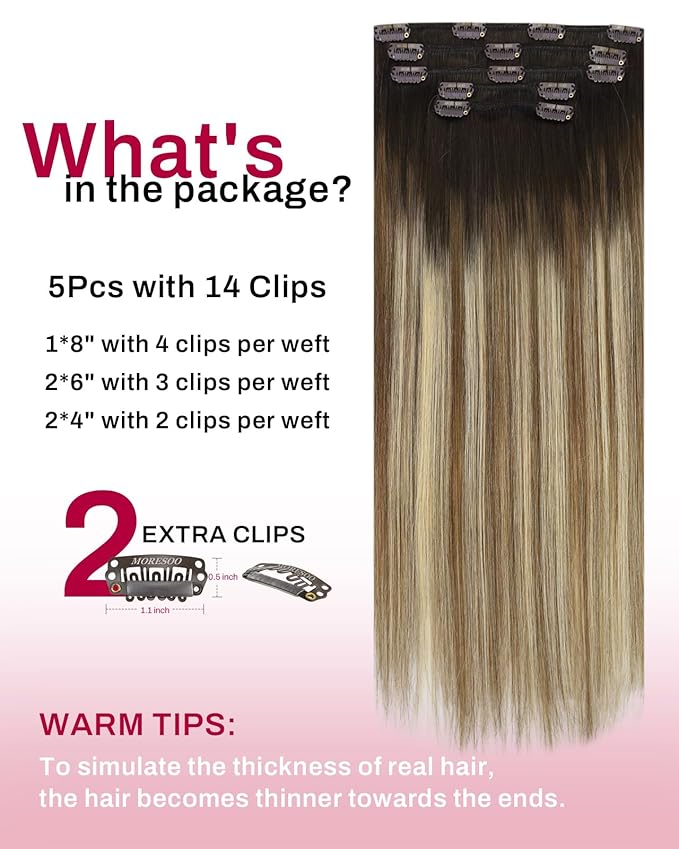 Moresoo Clip in Hair Extensions Ombre Human Hair Clip in Extensions Real Human Hair Dark Brown to Medium Brown with Bleach Blonde Balayage Short Remy Hair Extensions Double Weft 80g 5pcs 10in