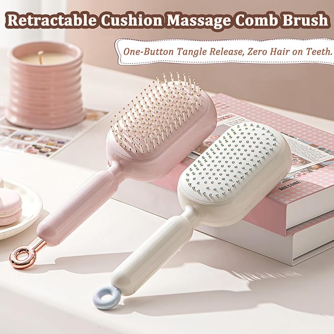 Retractable Cushion Massage Comb Brush, Pull Ring Cushion Massage Brush, Anti-Static Easy-Clean Massage Comb, Portable Travel, Smooth Clean Detangling Comb for All Hair Types(White)