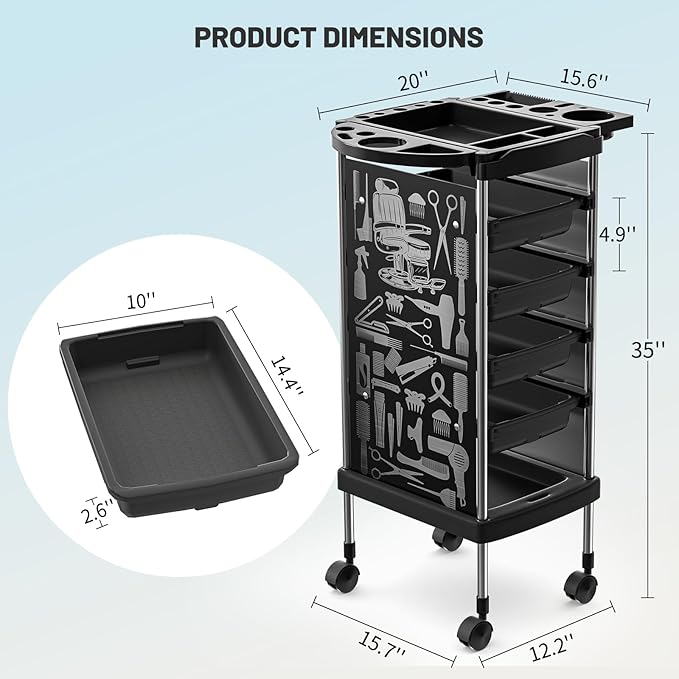 FreSup 6-Tier Salon Cart with Wheels, Stainless Steel Hair Salon Storage Tool Cart, Barber Station Trolley, Rolling Beauty Organizer for Hair Stylist, Makeup, Skincare, SPA, Tattoo （Upsized Tray）