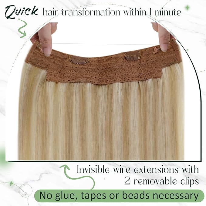 RUNATURE Invisible Wire Hair Extensions, Real Human Hair Extensions Blonde, Fish Line Hair Extension, Easy to Apply, 16 Inch 80g #18P613 Honey Blonde