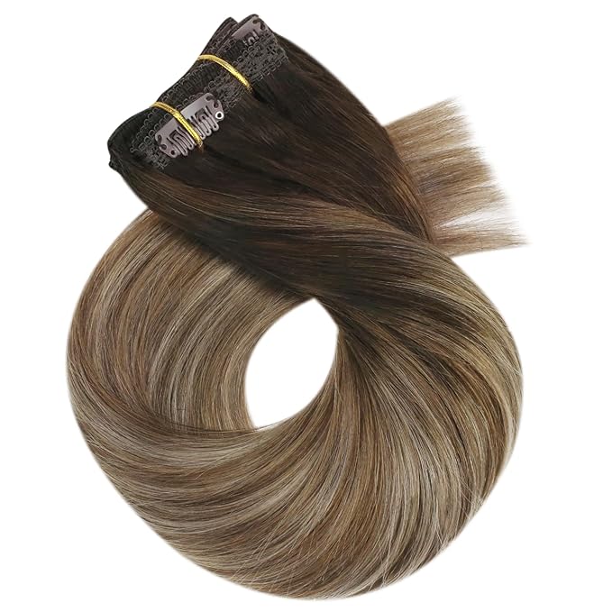 Moresoo Clip in Hair Extensions Real Human Hair for Women Short Human Hair Clip in Extensions Balayage Brown to Blonde 12 Inch Different Batches