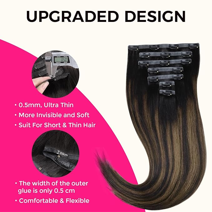 Lashey Seamless Clip in Human Hair Extensions 110g 7pcs Light Yaki Straight Natural Black Mixed Chestnut Brown Clip in Hair Extensions for Black Women 24 Inch Long