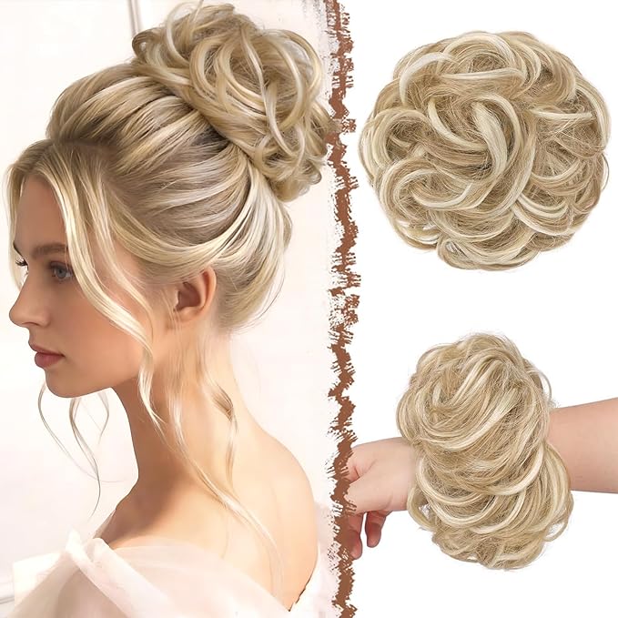FESHFEN Messy Bun Hair Piece - Large Elastic Wavy Curly Hair Bun Scrunchies Ponytail Extensions Synthetic Chignon Hairpieces for Women, Dirty Blonde 1.94oz