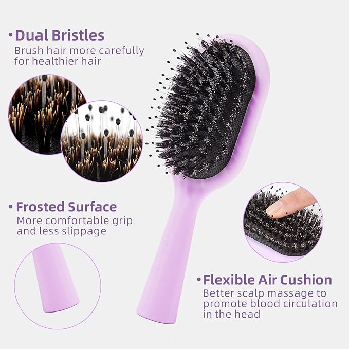 Boar Bristles Hair Brush for Women and Men, Detangling Hair Brush for Smoothing Massage Add Shine, Nylon&Boar Bristles Detangler brush for Hair Healthy (Medium-Purple)