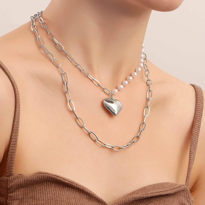 Boho Layered Pearl Choker Necklace Chain Vintage Gold Heart Pendant Cuban Chain Necklace Rock Statement Pearl Heart Necklace Asymmetrical Pearl Strand Necklace Jewelry for Women and Girls
