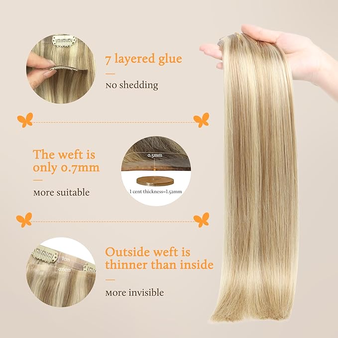 DOORES Real Human Hair Extensions, Light Blonde Highlighted Golden Blonde 14 Inch 110g 7pcs, Seamless Clip in Remy Straight Hair Invisi Edge Extensions